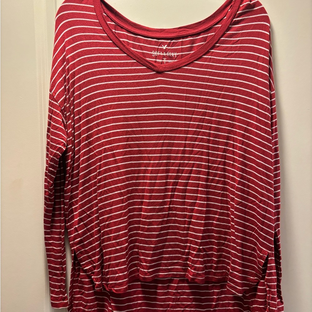 American Eagle Outfitters Red and White Striped Long Sleeve Tee